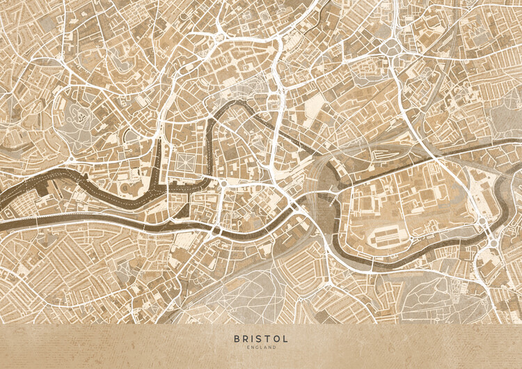 Poster Map of Bristol downtown (England) in sepia vintage style