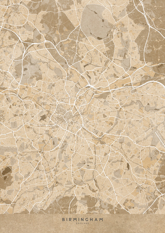 Póster Map of Birmingham (England) in sepia vintage style
