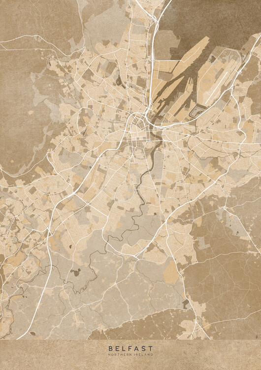 Плакат Map of Belfast (Northern Ireland) in sepia vintage style