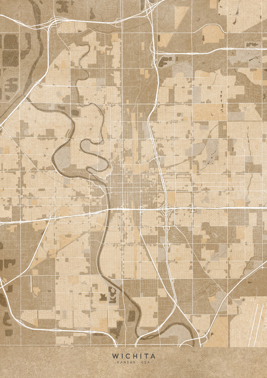 Plakát Map of Wichita (Kansas) in sepia vintage style