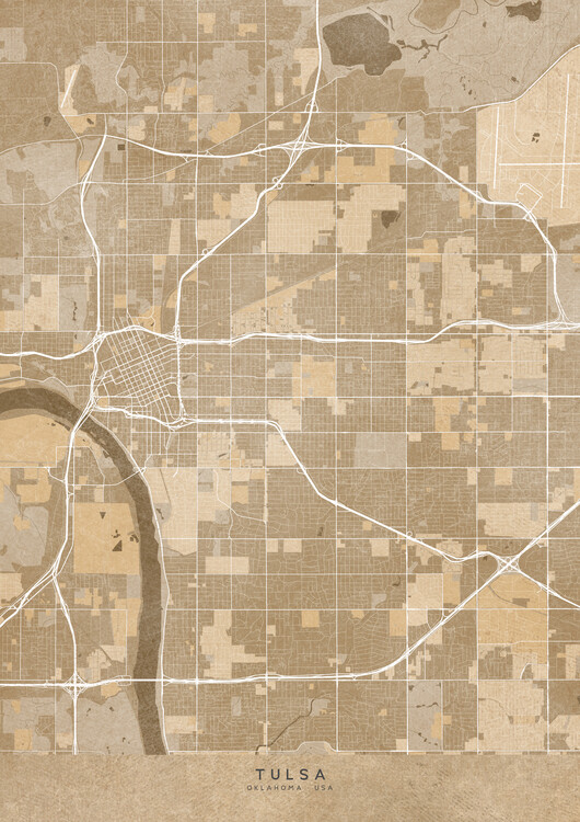 Plakát Map of Tulsa (Oklahoma) in sepia vintage style