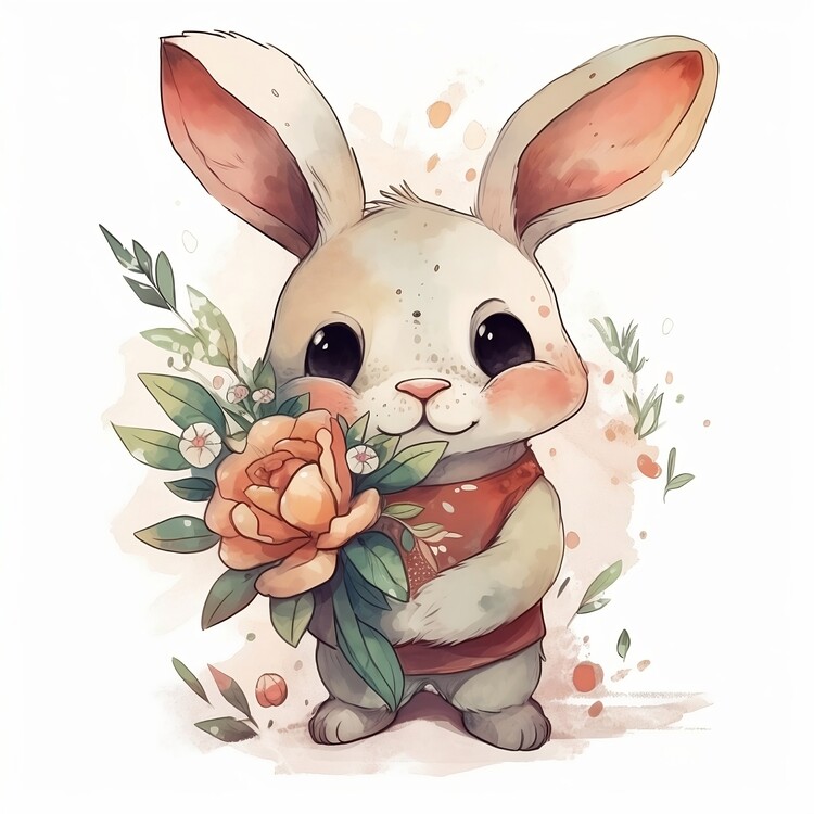 Bilde på lerret Cute watercolor rabbit holding flowers