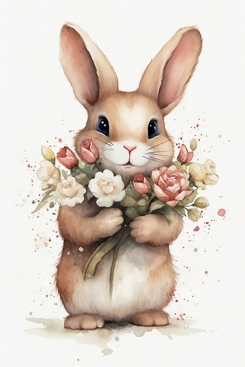 Plakat Cute bunny rabbit holdning flowers