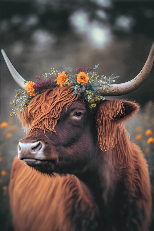 Levně Plakát, Obraz - Highland Cow With Flowers, Treechild, 26.7 × 40 cm