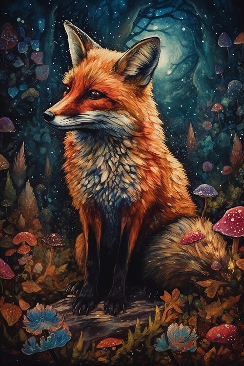 Poster fantasy red fox, woodland, starry night,