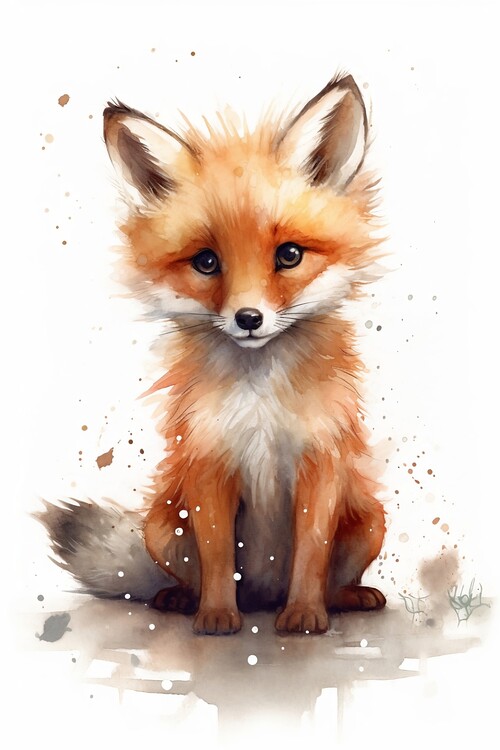 Poster Cute baby fox, watercolor illustration