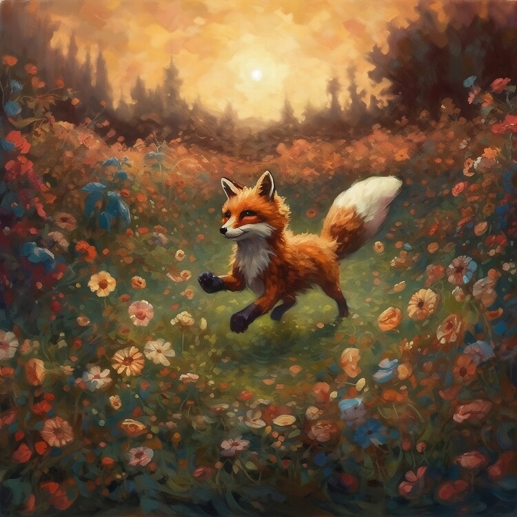 Poster A heroic fox running in a lush a flower meadow