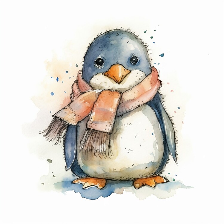 Poster cute penguin, wearing scarf, watercolor image