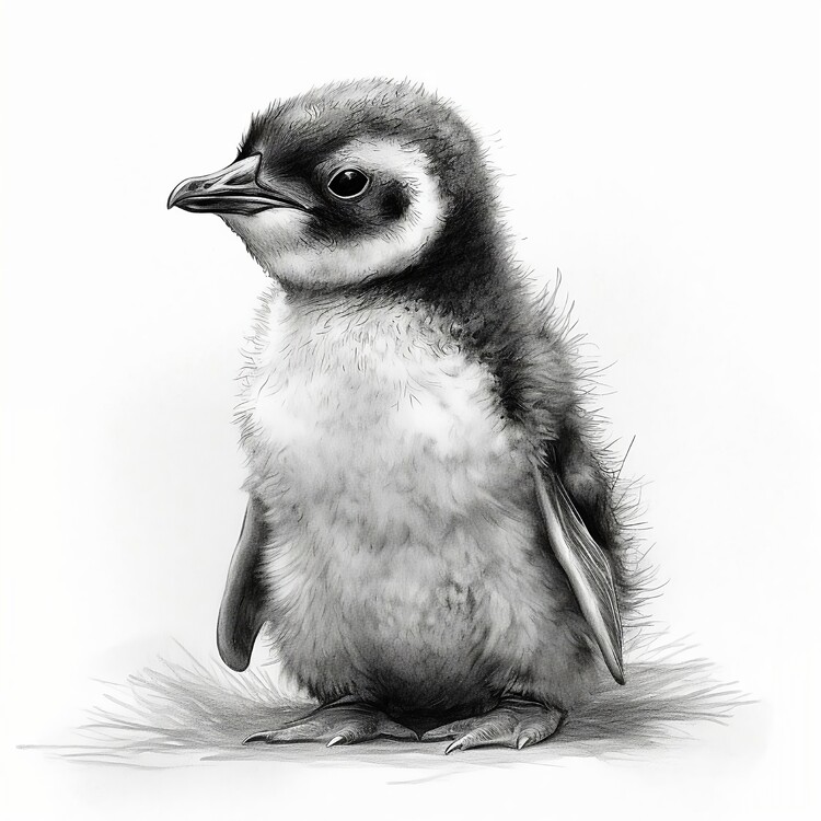 Poster Baby penguin, drawing black and white