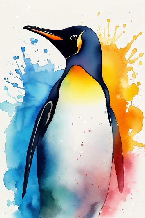 Poster watercolour painting of a King penguin