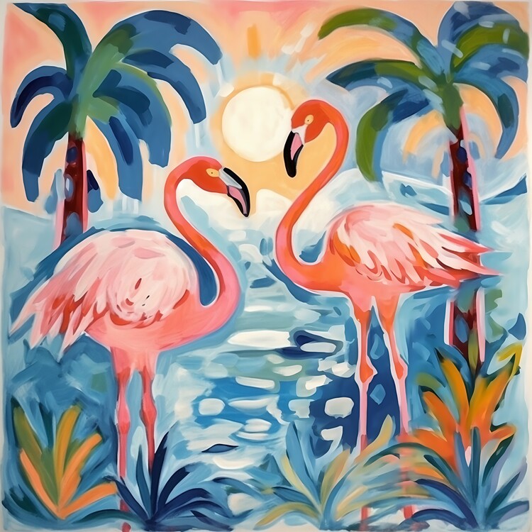 Poster two cute pink flamingos under palm trees by the beach