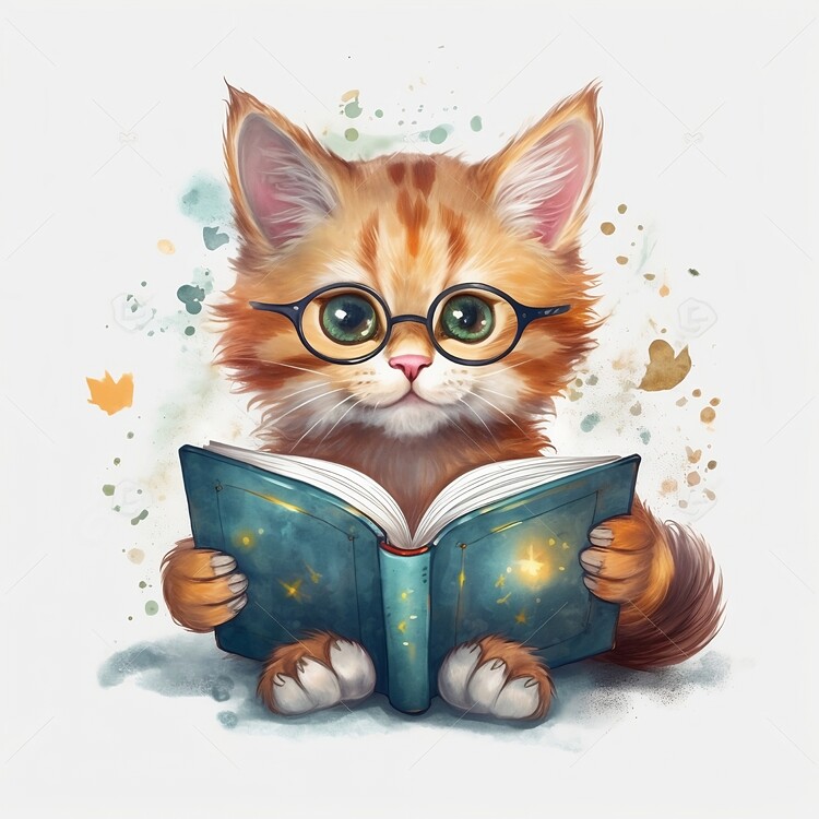 Poster very cute cat wearing glasses reading book