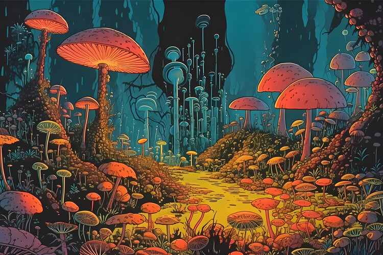 Poster A Psychedelic Journey Through a Mushroom Field