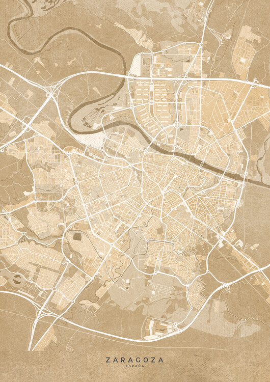 Juliste Map of Zaragoza (Spain) in sepia vintage syle