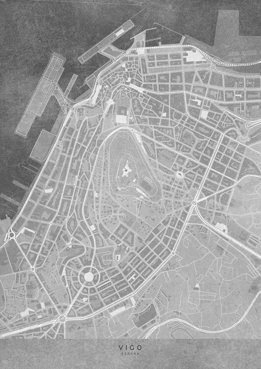 Plakát Map of Vigo downtown (Spain) in gray vintage syle