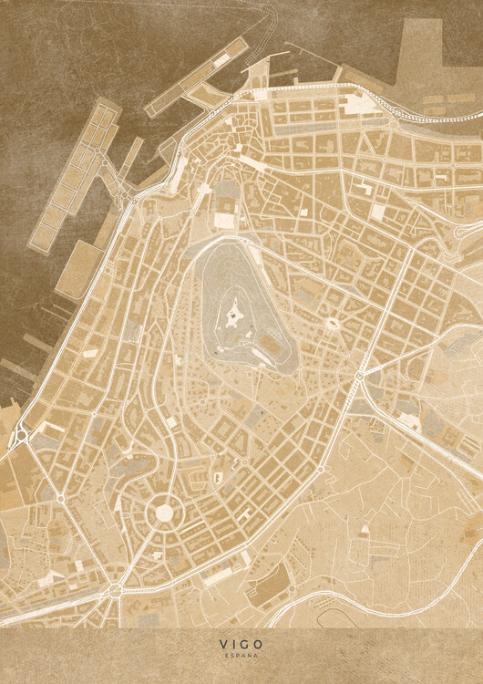 Plakát Map of Vigo downtown (Spain) in sepia vintage syle