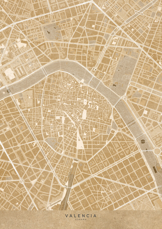 Plakát Map of Valencia downtown (Spain) in sepia vintage syle