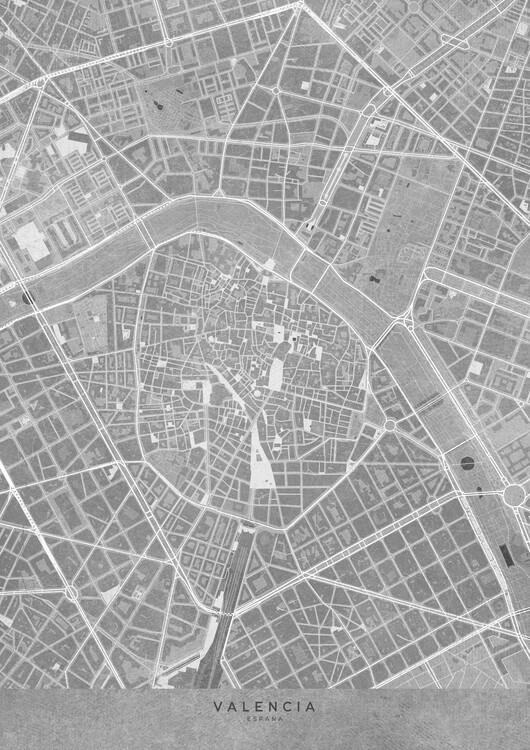 Poster Map of Valencia downtown (Spain) in gray vintage syle