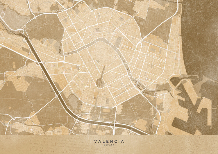 Plakát Map of Valencia (Spain) in sepia vintage syle