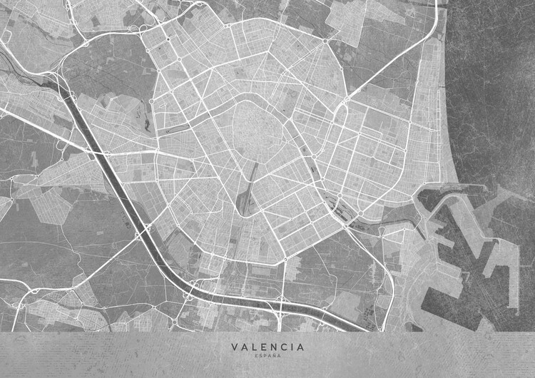Plakát Map of Valencia (Spain) in gray vintage syle