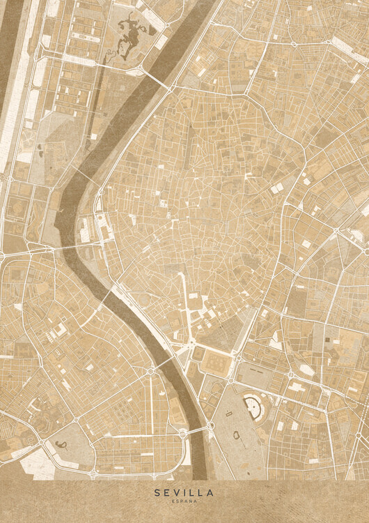 Плакат Map of Sevilla downtown (Spain) in sepia vintage syle