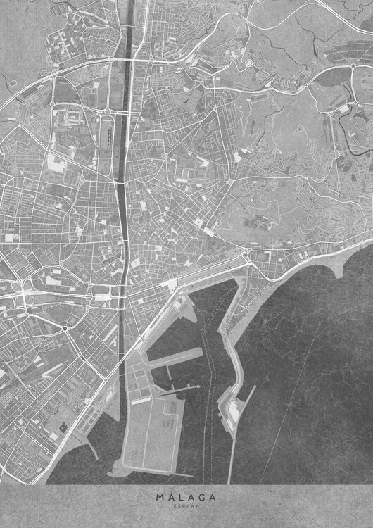 Плакат Map of Málaga downtown (Spain) in gray vintage syle