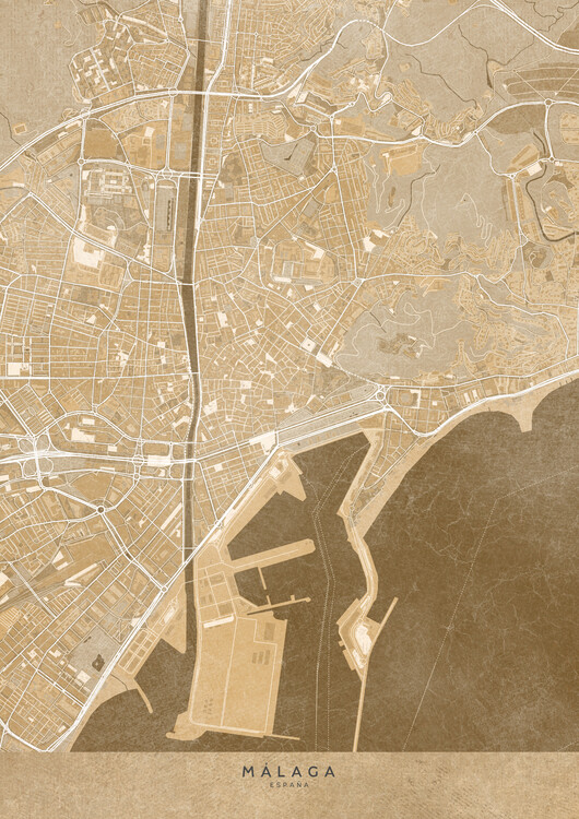 Плакат Map of Málaga downtown (Spain) in gray vintage syle