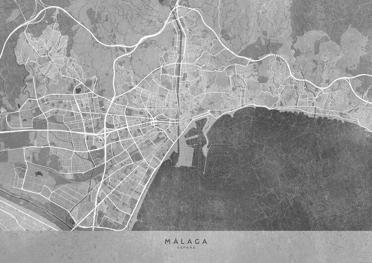 Плакат Map of Málaga (Spain) in gray vintage syle