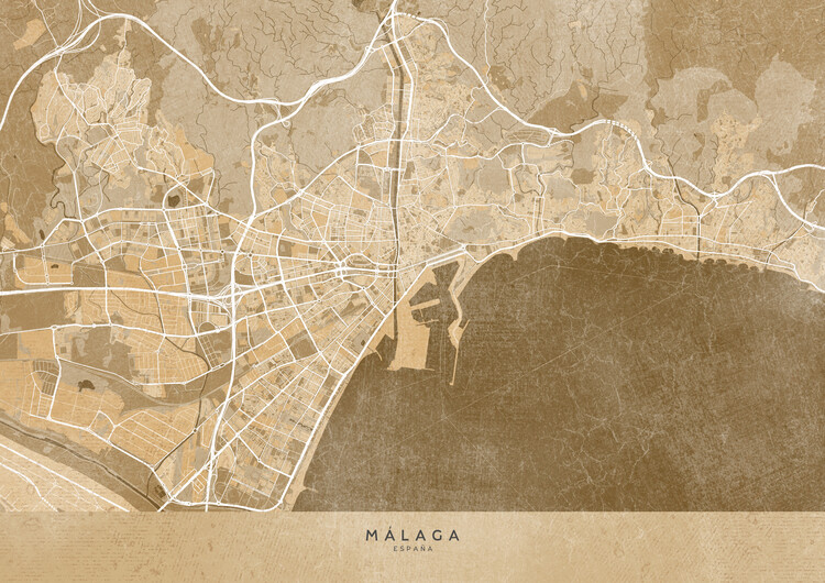 Плакат Map of Málaga (Spain) in sepia vintage syle