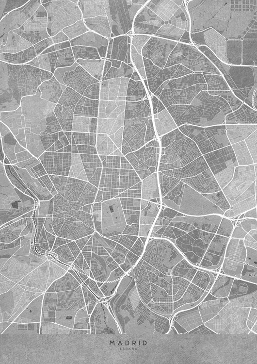 Plakát Map of Madrid (Spain) in gray vintage syle