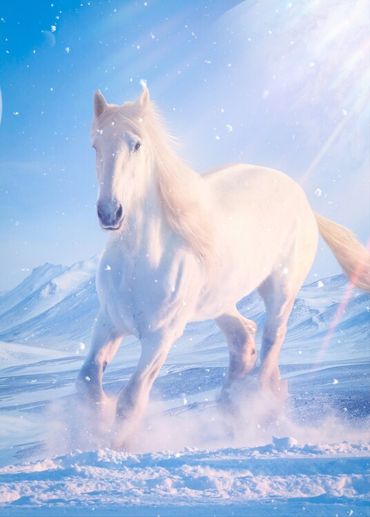 Poster White horse in the snow mountains
