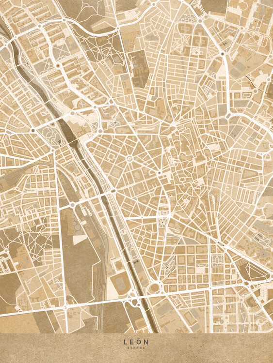 Плакат Map of León downtown (Spain) in sepia vintage style