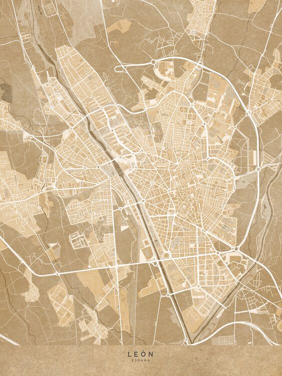Плакат Map of León (Spain) in sepia vintage style