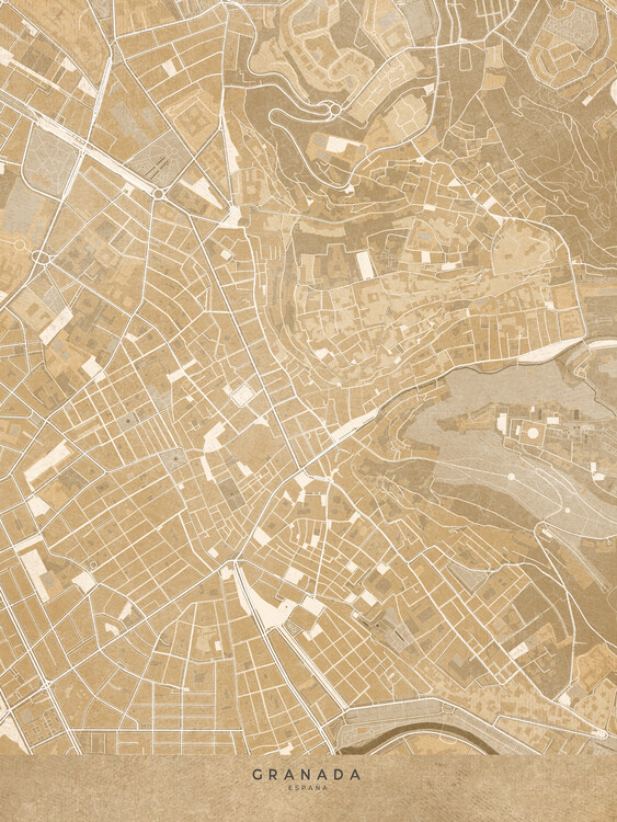 Плакат Map of Granada downtown (Spain) in sepia vintage style