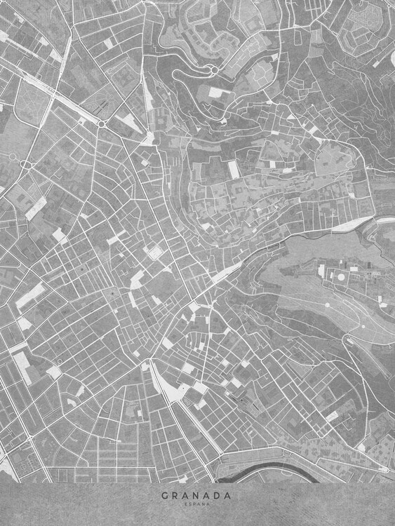 Плакат Map of Granada downtown (Spain) in gray vintage style