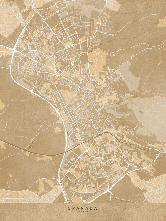 Плакат Map of Granada (Spain) in sepia vintage style