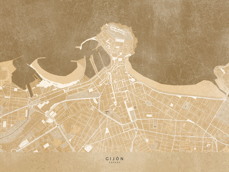 Плакат Map of Gijón downtown (Spain) in sepia vintage style