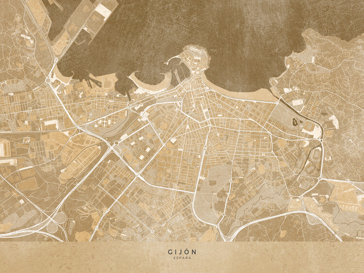Плакат Map of Gijón (Spain) in sepia vintage style