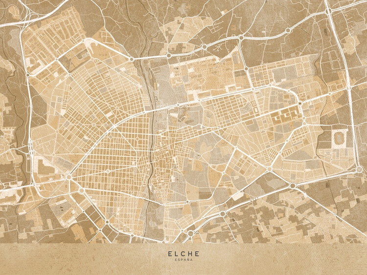 Плакат Map of Elche (Spain) in sepia vintage style