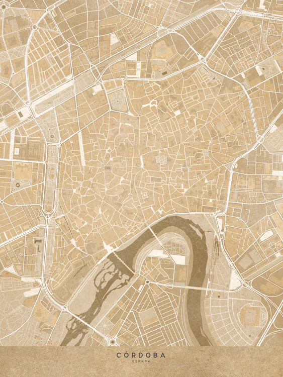 Плакат Map of Córdoba downtown (Spain) in sepia vintage style