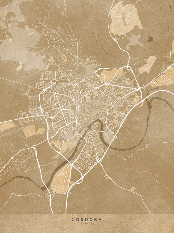 Плакат Map of Córdoba (Spain) in sepia vintage style