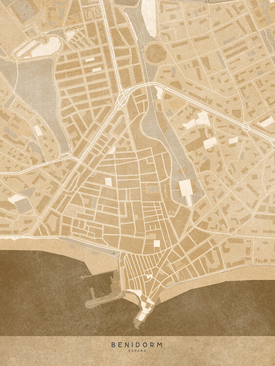 Плакат Map of Benidorm downtown (Spain) in sepia vintage style