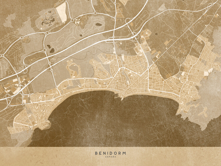 Плакат Map of Benidorm (Spain) in sepia vintage style