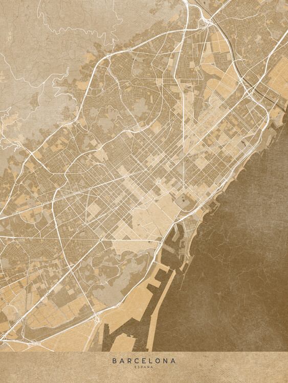 Плакат Map of Barcelona (Spain) in sepia vintage style