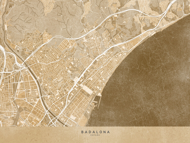 Плакат Map of Badalona (Spain) in sepia vintage style