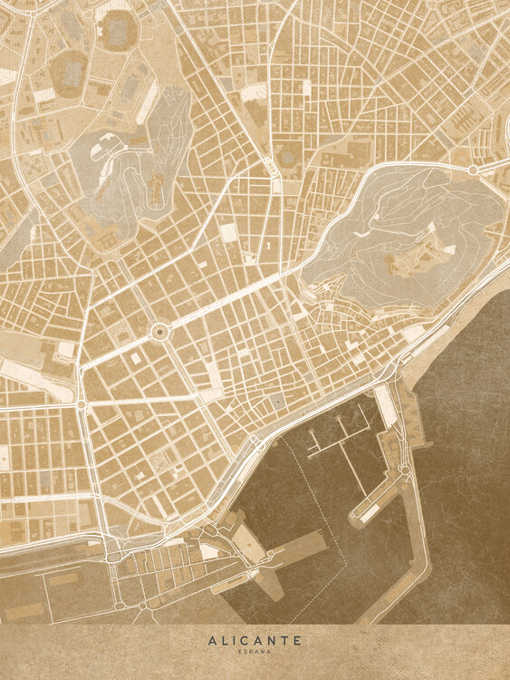 Плакат Map of alicante downtown (Spain) in sepia vintage style