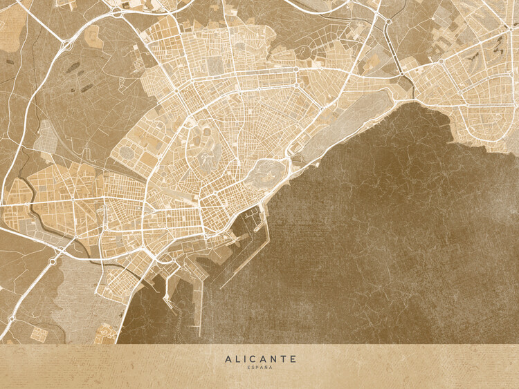 Плакат Map of Alicante downtown (Spain) in sepia vintage style