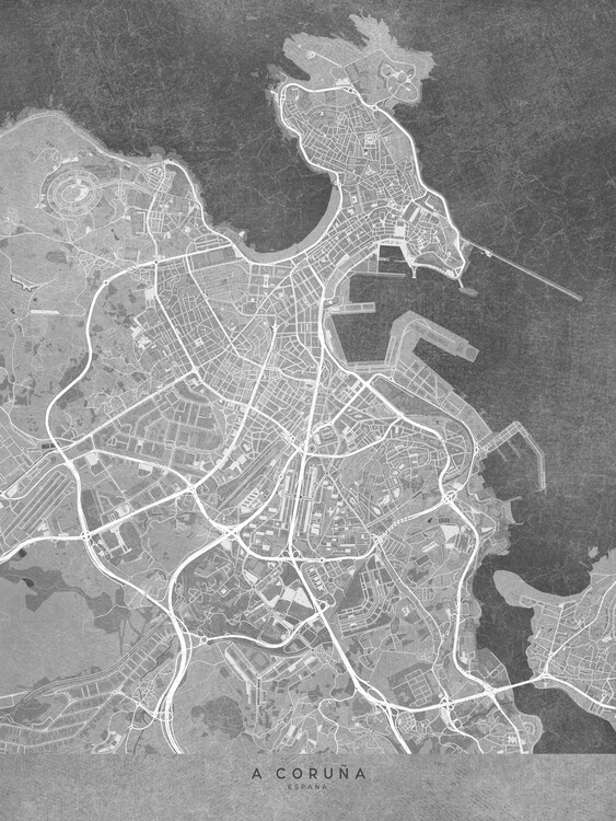 Плакат Map of A Coruña (Spain) in gray vintage style