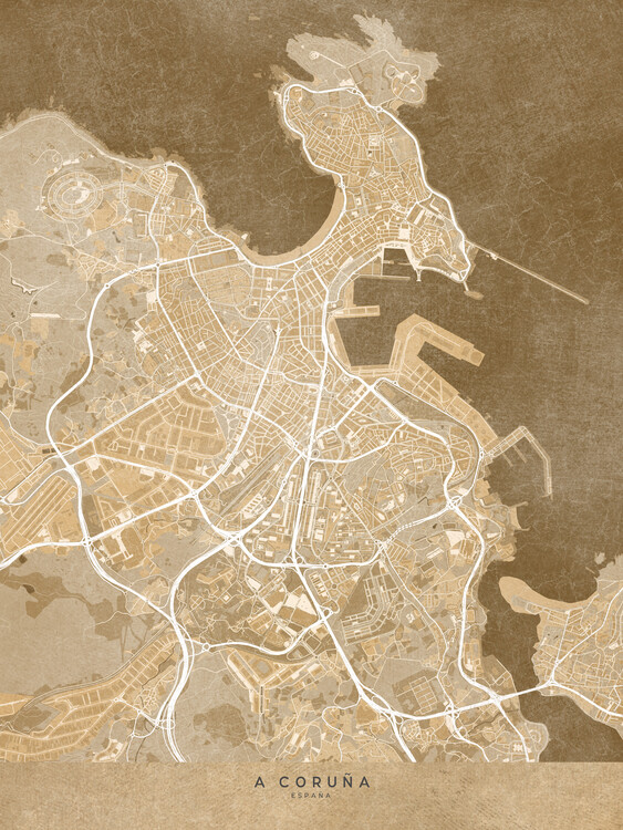 Плакат Map of A Coruña (Spain) in sepia vintage style