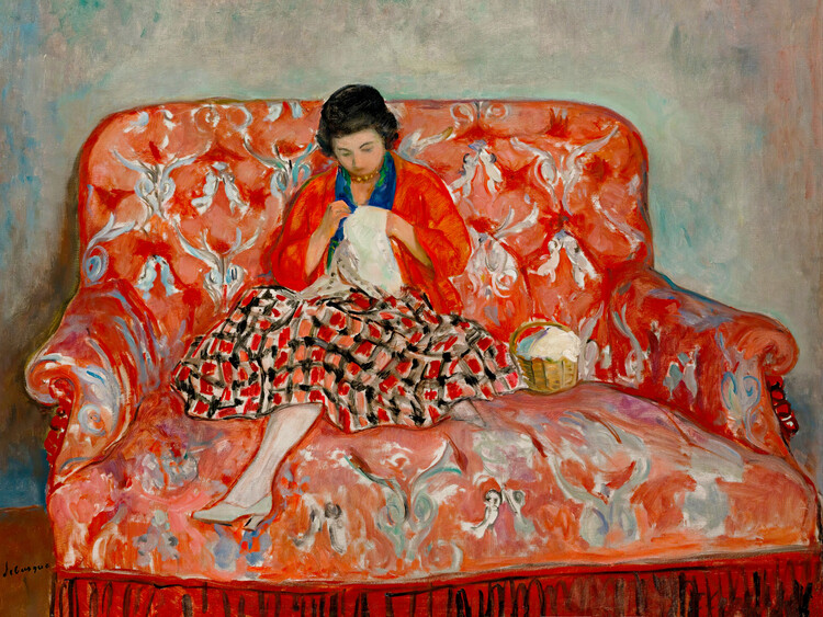 Canvas Print Girl Sewing On A Sofa